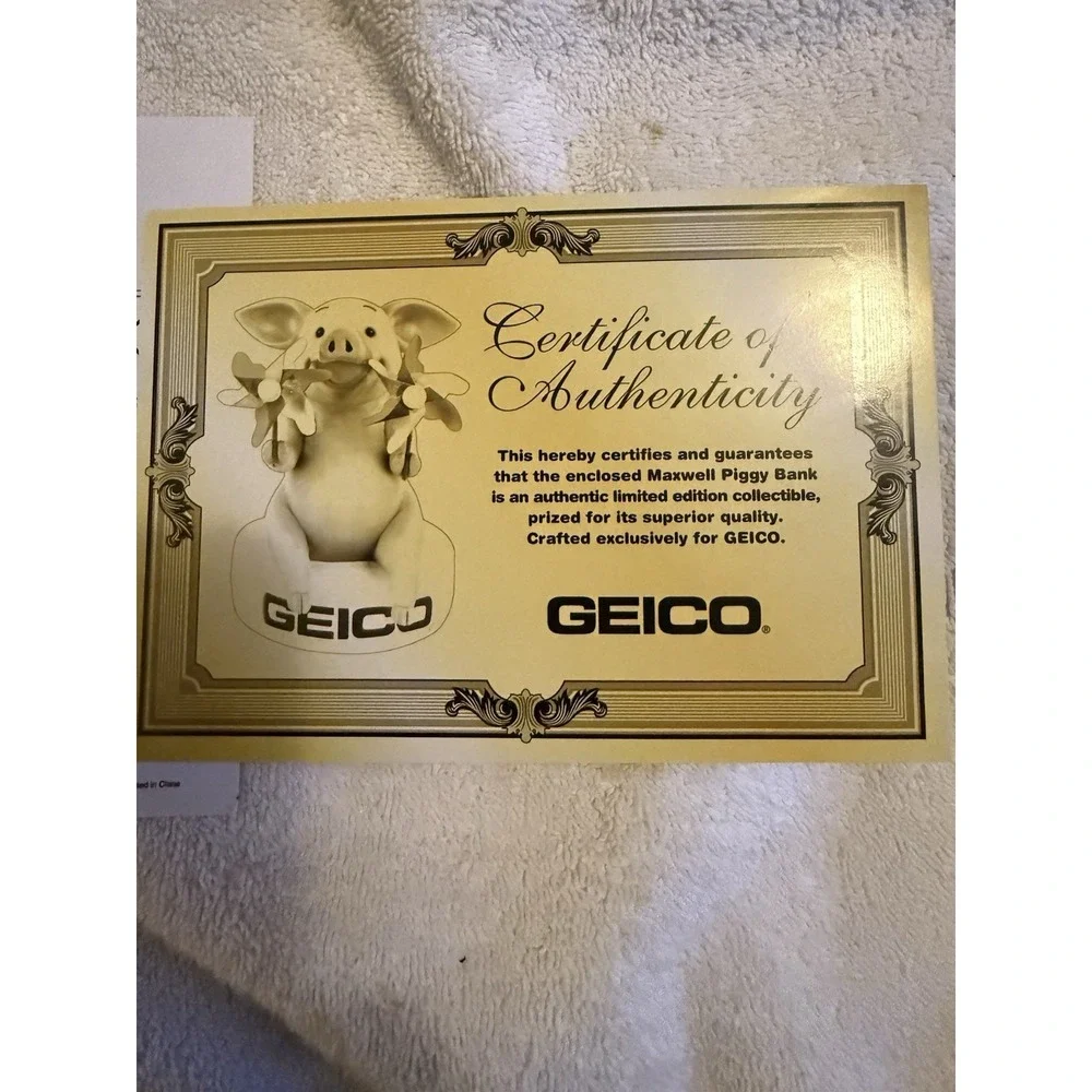 Geico Maxwell Piggy Bank with Sound Perfect Condition in Orig. Box w/Certificate